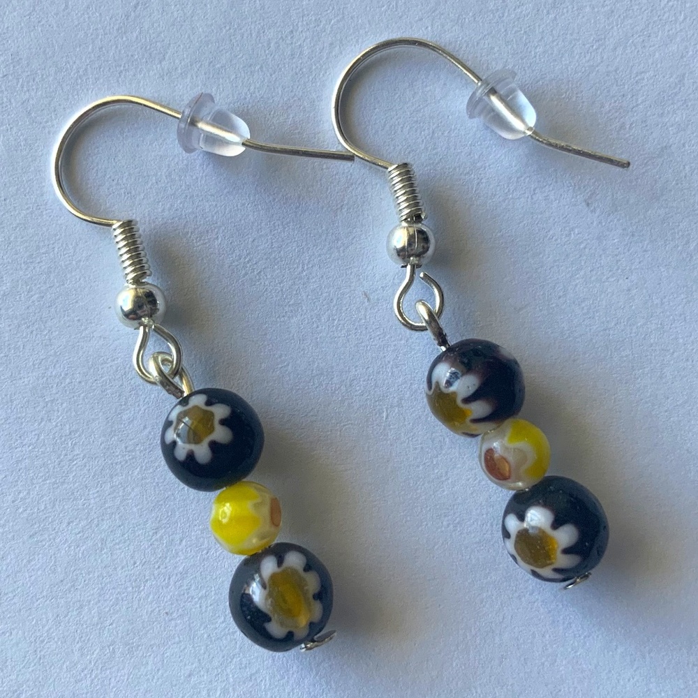 Glass Flower Millefiori Beads Black & Yellow Dangle/Drop Boho Handmade Earrings - Picture 1 of 3